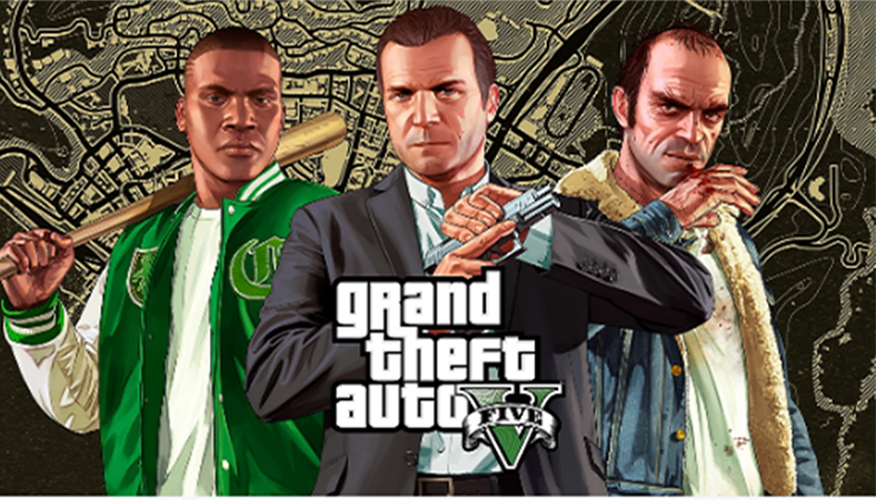 GTAV story Mode key art showing the three main character, Michael, Franklin and Trevor GTAV story Mode key art showing the three main character, Michael, Franklin and Trevor